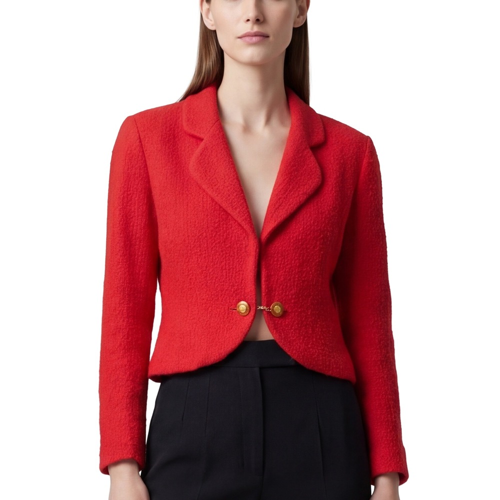RARE Vintage CHANEL Runway Red Tweed Cropped Blazer  FR 36 US 4 - Picture 2 of 10